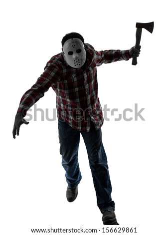 one caucasian man serial killer with mask full length in silhouette studio isolated on white background