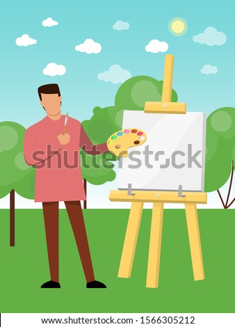 Young artist painting on canvas outdoor vector illustration. Painter artistically created nature with brush. Hobby and pastime