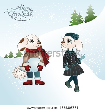 dogs boy and girl dressed in jackets and hats sculpt a snowman on a background of a winter landscape, color vector illustration