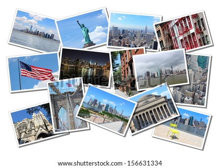 Postcard collage from New York City, USA. Collage includes major landmarks like Brooklyn Bridge, Statue of Liberty, Manhattan skyline and Columbia University.