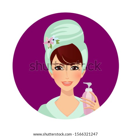 Girl Cream Spa Beauty Cosmetic Procedure. Woman in Towel and Bath Robe Applying Mask or Scrub on Face Pleasure in Beautician Salon Bathroom after Shower Cartoon Flat  Illustration, Icon Clip art