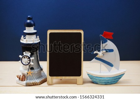 Nautical background with Sailboat Model with summer sale on blue background