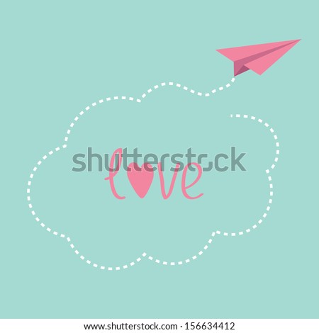 Origami paper plane. Dash cloud in the sky. Love card. Vector illustration.