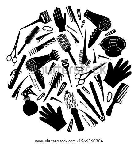 Black and white hairdresser tools concept. Decoration for beauty salon. Hair dresser themed vector illustration for certificate, brochure, leaflet, poster or banner background Royalty-Free Stock Photo #1566360304