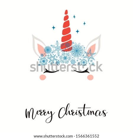 Hand drawn card with cute unicorn face in snowflakes crown, stars, text Merry Christmas. Vector illustration Isolated objects on white. Flat style design. Concept for holiday print, invite, gift tag.