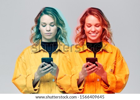 Composite Concept Image Showing Young Woman With Mobile Phone Suffering With Social Anxiety