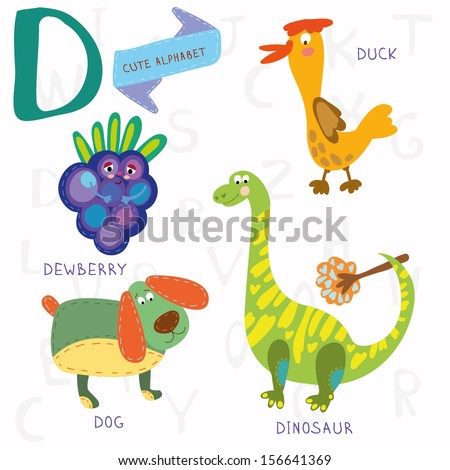 Very cute alphabet. D letter. Dewberry,duck,dog,dinosaur. Alphabet design in a colorful style.