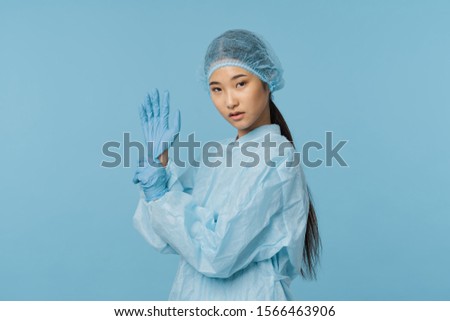 Medical coat woman professional work doctor gloves cap