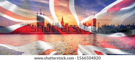 Composite image of Houses of Parliament, Westminster, Big Ben and Un ion Jack flag for UK General Election 2019