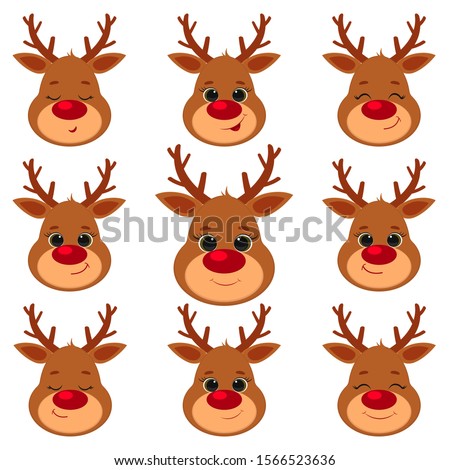 Collection, set of nine cute reindeer head isolated on a white background. Joyful, happy, sleeping, smiling. Cartoon, flat style, vector. Royalty-Free Stock Photo #1566523636