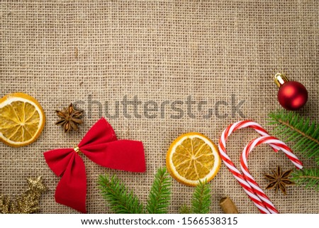New years eve. 2020 Christmas decoration isolated on linen texture background.Xmas celebration pattern. Flat lay design.Copy Space