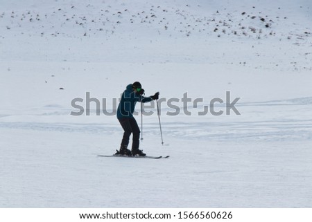 Skiing in snowy mountains. Great Caucasus in winter, Shahdagh, Azerbaijan.