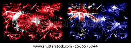Turkey, Turkish vs Australia, Australian New Year celebration sparkling fireworks flags concept background. Combination of two abstract states flags.
