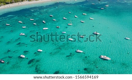 Aerial Drone View Group of Boat at Pinarello Bay Corsica 