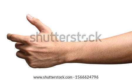 Close up hand holding something like a bottle or can isolated on white background with clipping path. Royalty-Free Stock Photo #1566624796