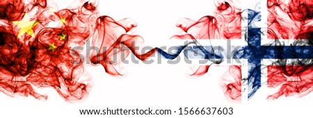 China, Chinese vs Norway, Norwegian smoky mystic states flags placed side by side. Concept and idea thick colored silky abstract smoke flags