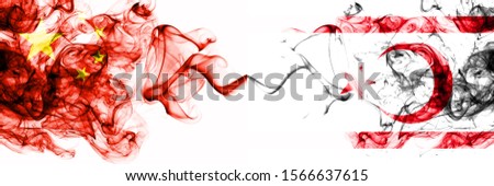 China, Chinese vs Northern Cyprus smoky mystic states flags placed side by side. Concept and idea thick colored silky abstract smoke flags
