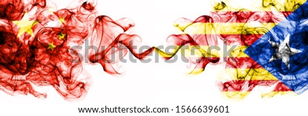 China, Chinese vs Catalonia, Spain smoky mystic states flags placed side by side. Concept and idea thick colored silky abstract smoke flags
