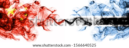 China, Chinese vs Botswana, Botswanan smoky mystic states flags placed side by side. Concept and idea thick colored silky abstract smoke flags