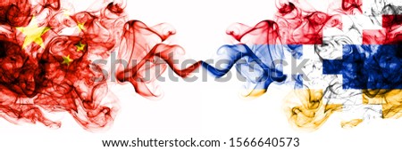 China, Chinese vs Artsakh smoky mystic states flags placed side by side. Concept and idea thick colored silky abstract smoke flags