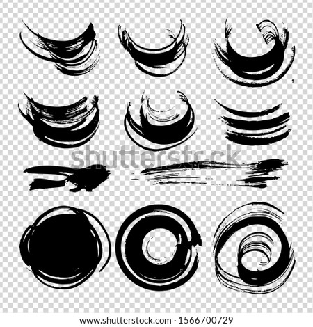 Abstract straight and round black brushstrokes of different smears isolated on imitation transparent background