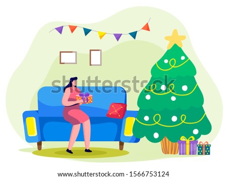 Smiling woman in dress sitting on sofa and opening present. Happy female holding gift box near Christmas tree at home. Person celebration winter holiday near Xmas wood decorated by toys vector
