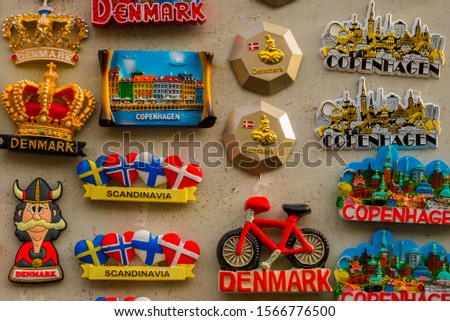COPENHAGEN, DENMARK: Souvenir Shop Board with Magnets.