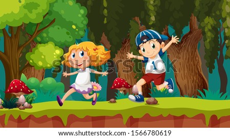 Kids running in woods scene illustration