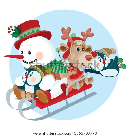 a snowman, a deer, and two penguins ride a sled on a hill and enjoy the winter holiday, New Year and Christmas,