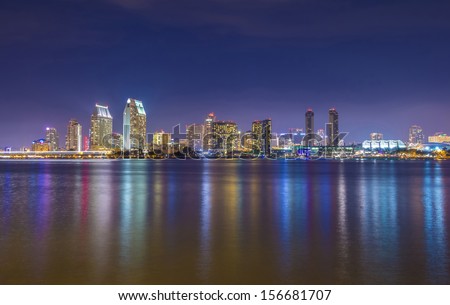 San Diego skyline at night as seen from coronado peninsula