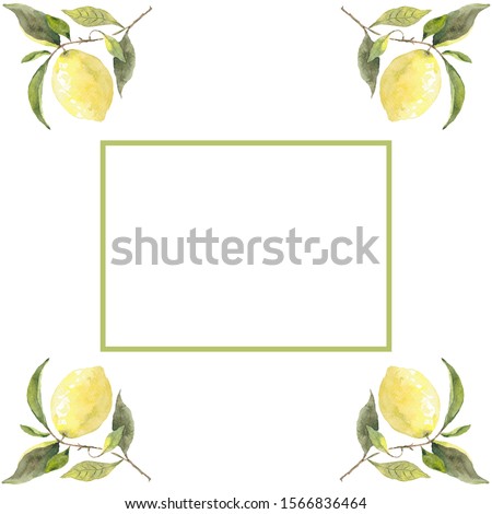 Square frame with watercolor lemons. Use for invitations, menus, birthdays