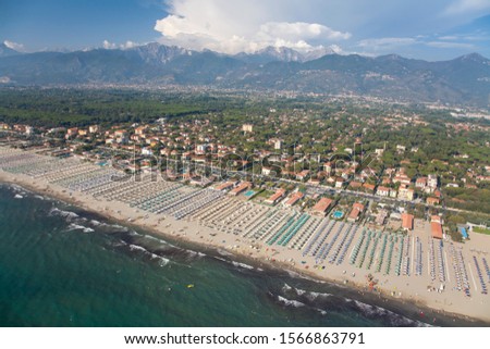 aerial view of the summer beach in Marina di Pietrasanta, Versilia, Tuscany, Italy