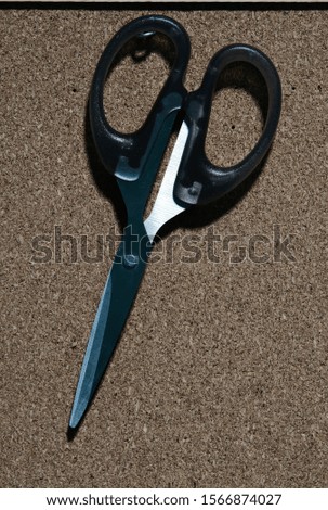 Black scissors hung on a wooden wall