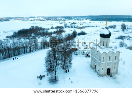 Church of the Intercession on the Nerl in Bogolubovo. Winter drone shot