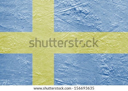 Image of the Swedish flag on a hockey rink. Texture, background