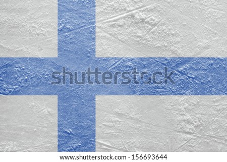 Image of the Finnish flag on a hockey rink. Texture, background