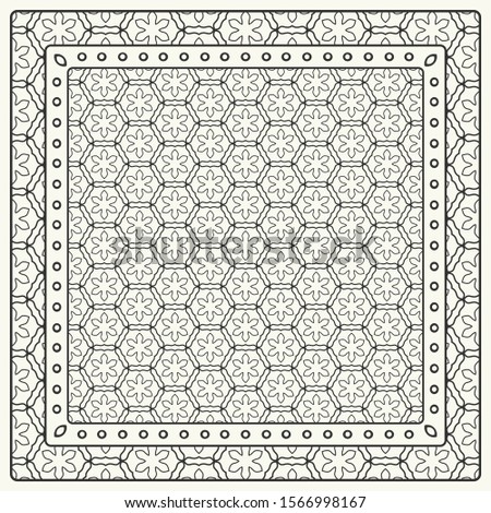 Black and white abstract graphic pattern. Geometric ornament with frame, border. Line art, lace, embroidery background. Bandanna, shawl, scarf, tablecloth design for textile fabric print