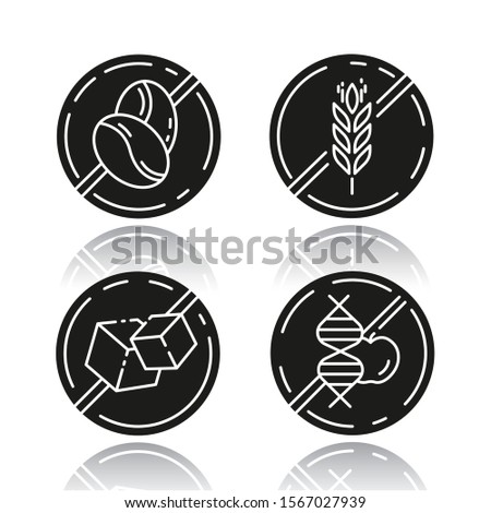 Product free ingredient drop shadow black glyph icons set. No caffeine, gluten, sugar, gmo. Organic food, healthy eating. Dietary without allergens. Balanced meals. Isolated vector illustrations