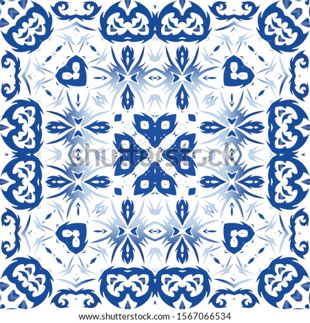 Antique portuguese azulejo ceramic. Kitchen design. Vector seamless pattern watercolor. Blue floral and abstract decor for scrapbooking, smartphone cases, T-shirts, bags or linens.
