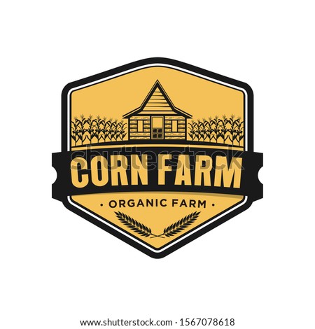 Maize corn farm barn house organic vintage logo simple minimalist design, farming industrial icon silhouette, food cereal product sweet corn. Royalty-Free Stock Photo #1567078618