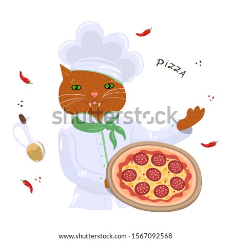 Cat cook with pepperoni pizza Isolated on a white background. Vector graphics.