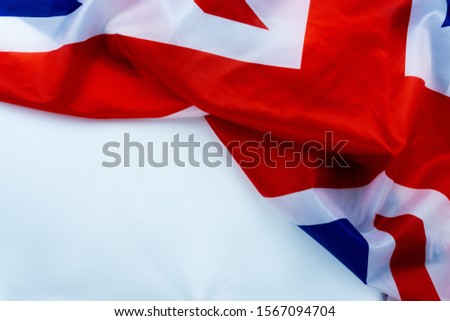 Flag of UK, British flag, close up. Top view, copy space for text.
