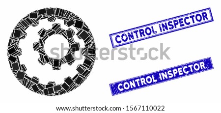 Mosaic internal gears icon and rectangular seals. Flat vector internal gears mosaic pictogram of scattered rotated rectangular items. Blue caption seals with scratched surface.