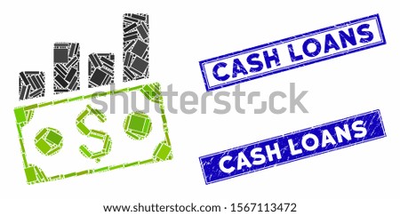 Mosaic money charts pictogram and rectangle seal stamps. Flat vector money charts mosaic icon of scattered rotated rectangle items. Blue caption seal stamps with distress surface.