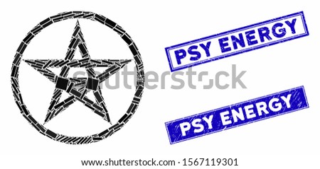 Mosaic star pentacle pictogram and rectangular stamps. Flat vector star pentacle mosaic pictogram of scattered rotated rectangular elements. Blue caption seal stamps with grunge texture.