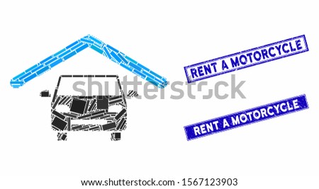 Mosaic car roof icon and rectangular watermarks. Flat vector car roof mosaic icon of randomized rotated rectangular items. Blue caption watermarks with dirty texture.