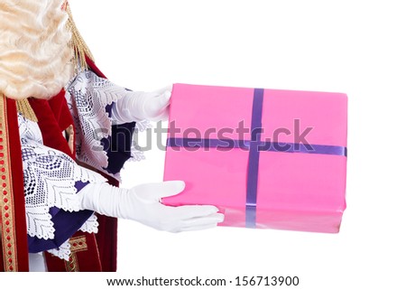 Sinterklaas giving a present to a child, on a white background