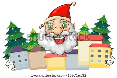 Illustration of a smiling Santa hugging the village on a white background