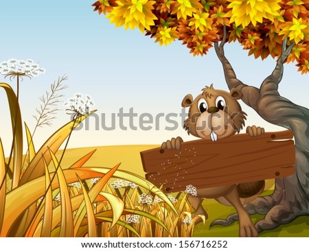 Illustration of a beaver at the top of the hill holding a wooden signboard
