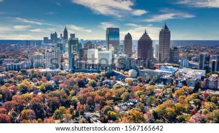 Aerial Panoramic photo of downtown Atlanta Skyline Royalty-Free Stock Photo #1567165642